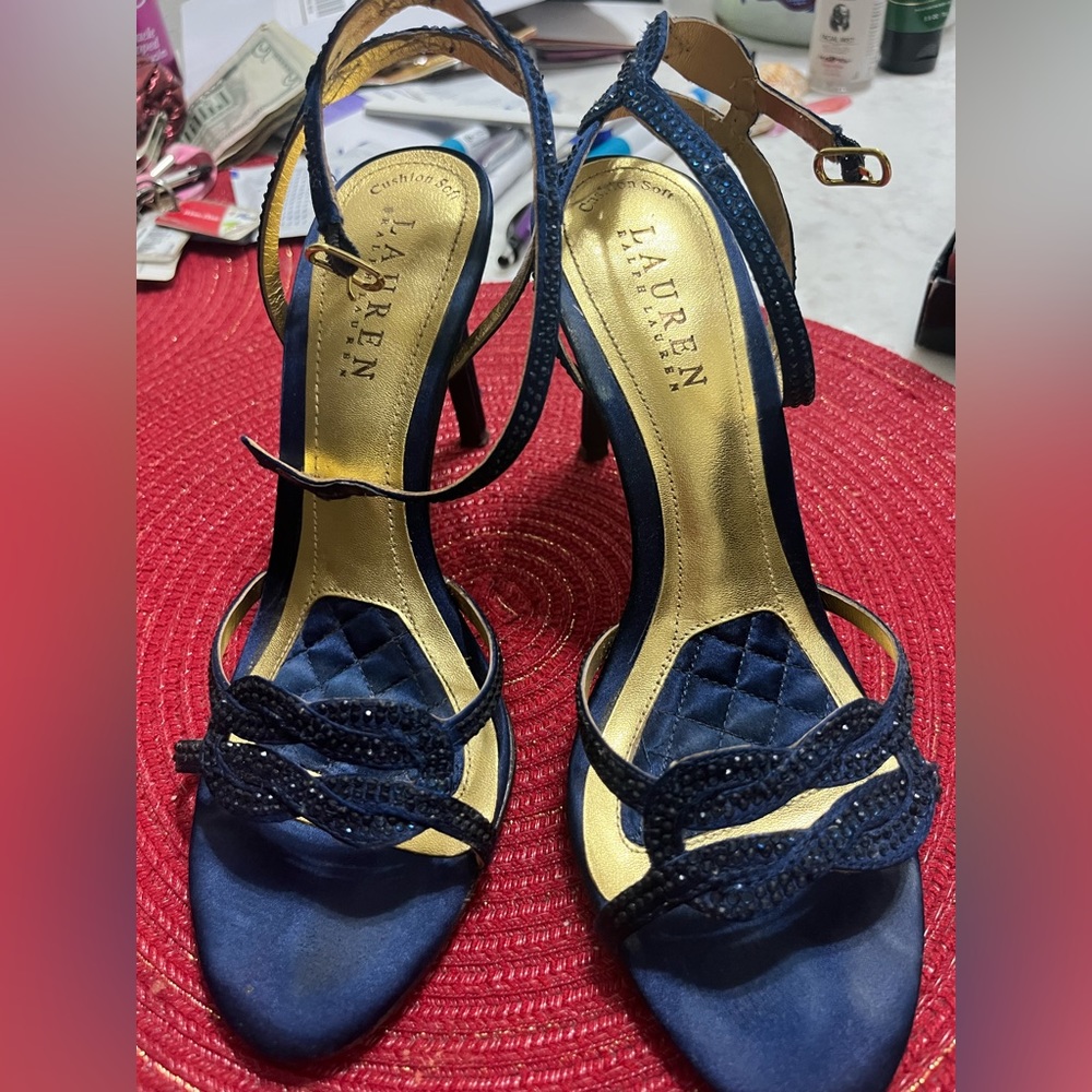 Beautiful Ralph Lauren navy blue satin heels . Gently worn